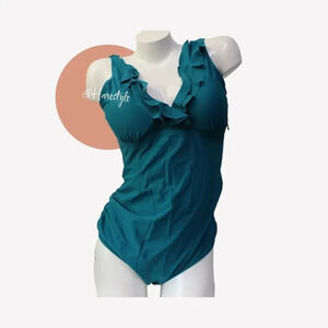 Temportrek jewel green ruffle top one piece swim suit Large